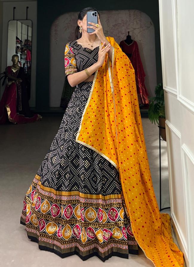 Tusser Silk Black Traditional Wear Printed Ready To Wear Lehenga Choli